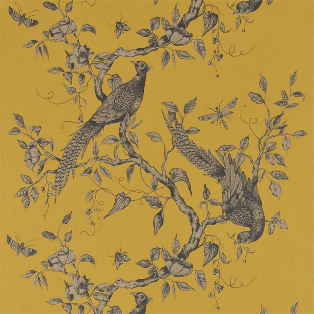 Ochre wallpaper with two grey peacocks, flowering branches, leaves and delicate insects
