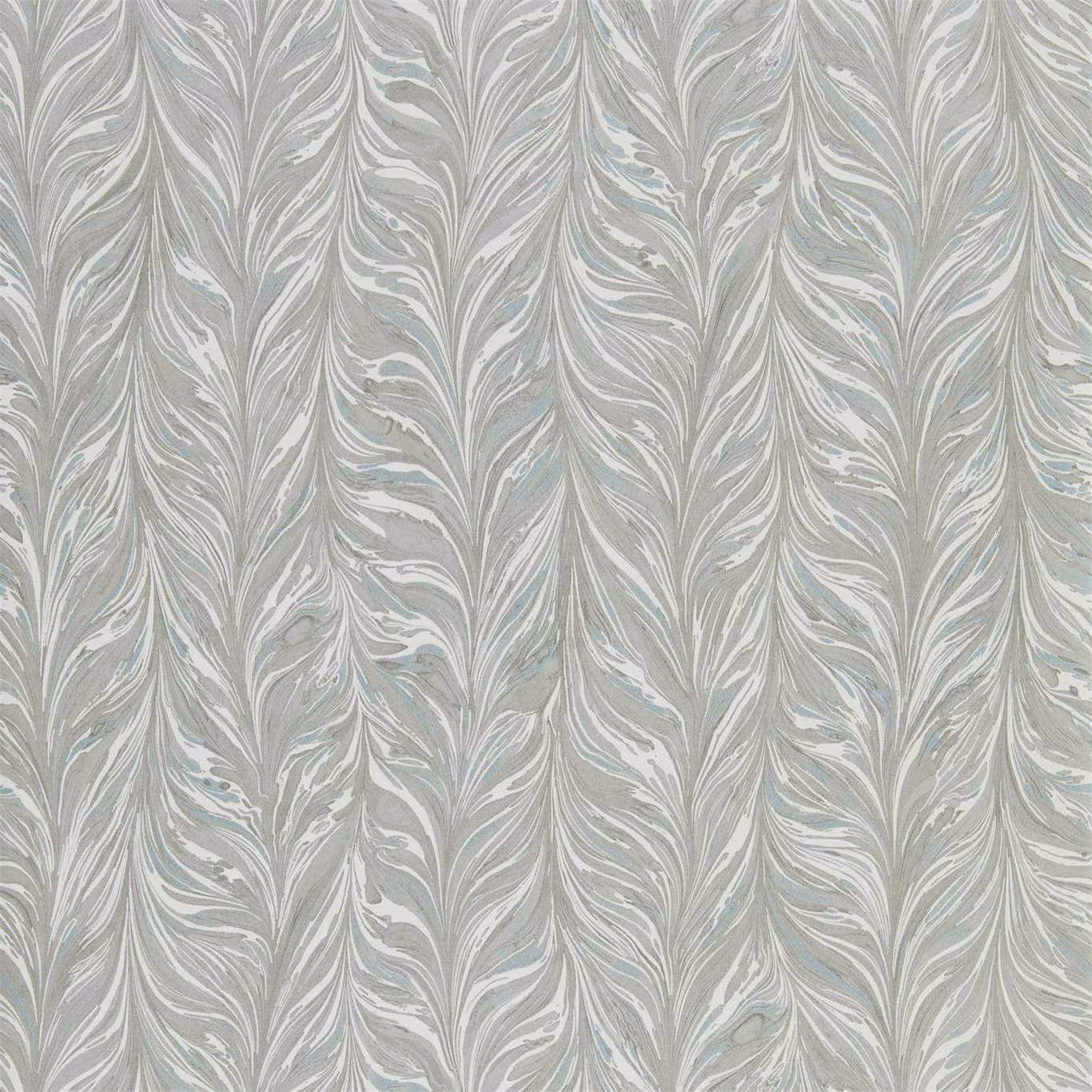 Cool grey wallpaper with pale blue marbled feather motifs in vertical repeats