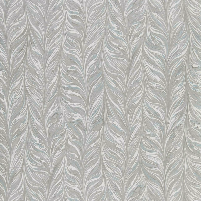 Cool grey wallpaper with pale blue marbled feather motifs in vertical repeats