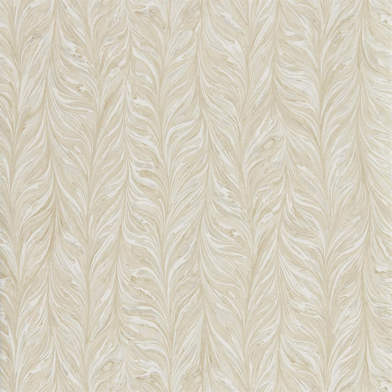 Pale gold wallpaper with ivory feathered marbling in softly vertical columns