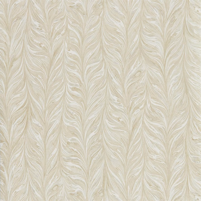Pale gold wallpaper with ivory feathered marbling in softly vertical columns
