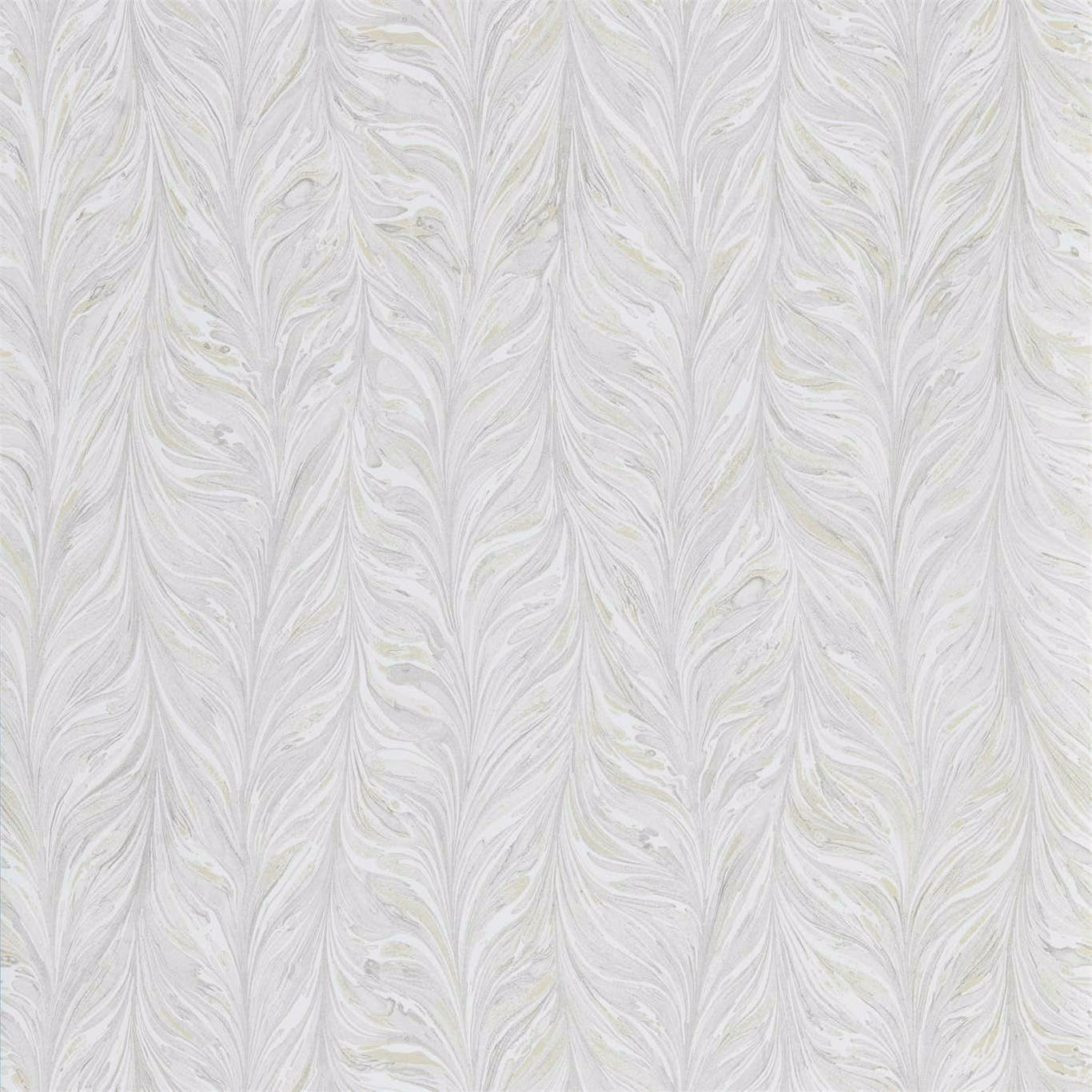 Snow white wallpaper with pale grey feathered marbling and faint green accents