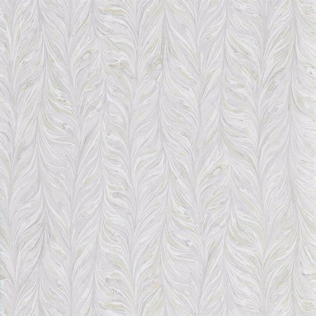 Snow white wallpaper with pale grey feathered marbling and faint green accents