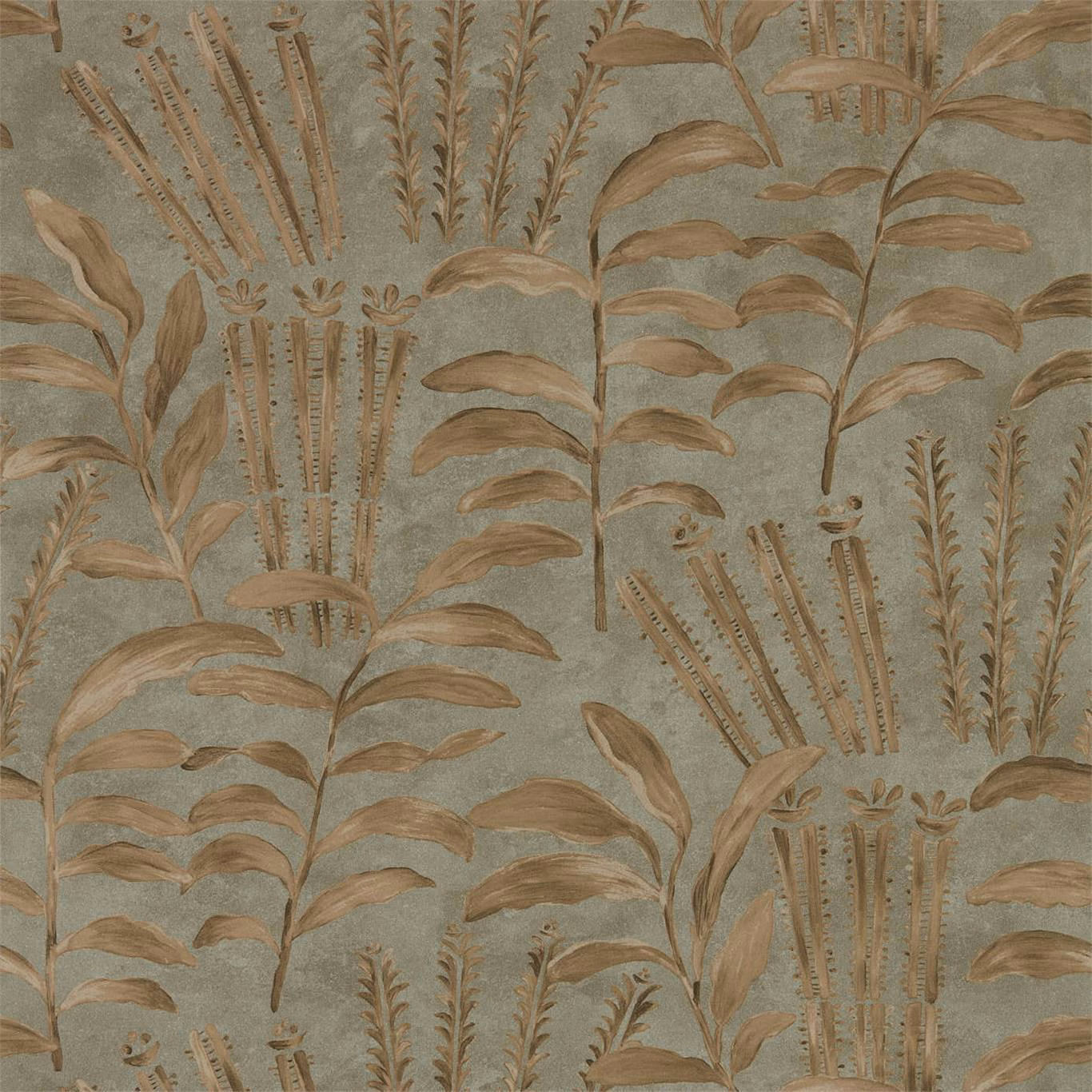 Muted olive wallpaper with sepia leaves, reed sprays and a softly mottled ground