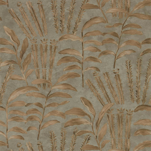 Muted olive wallpaper with sepia leaves, reed sprays and a softly mottled ground
