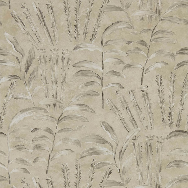 Pale Paris Grey wallpaper with feathery stems and broad, softly outlined leaves