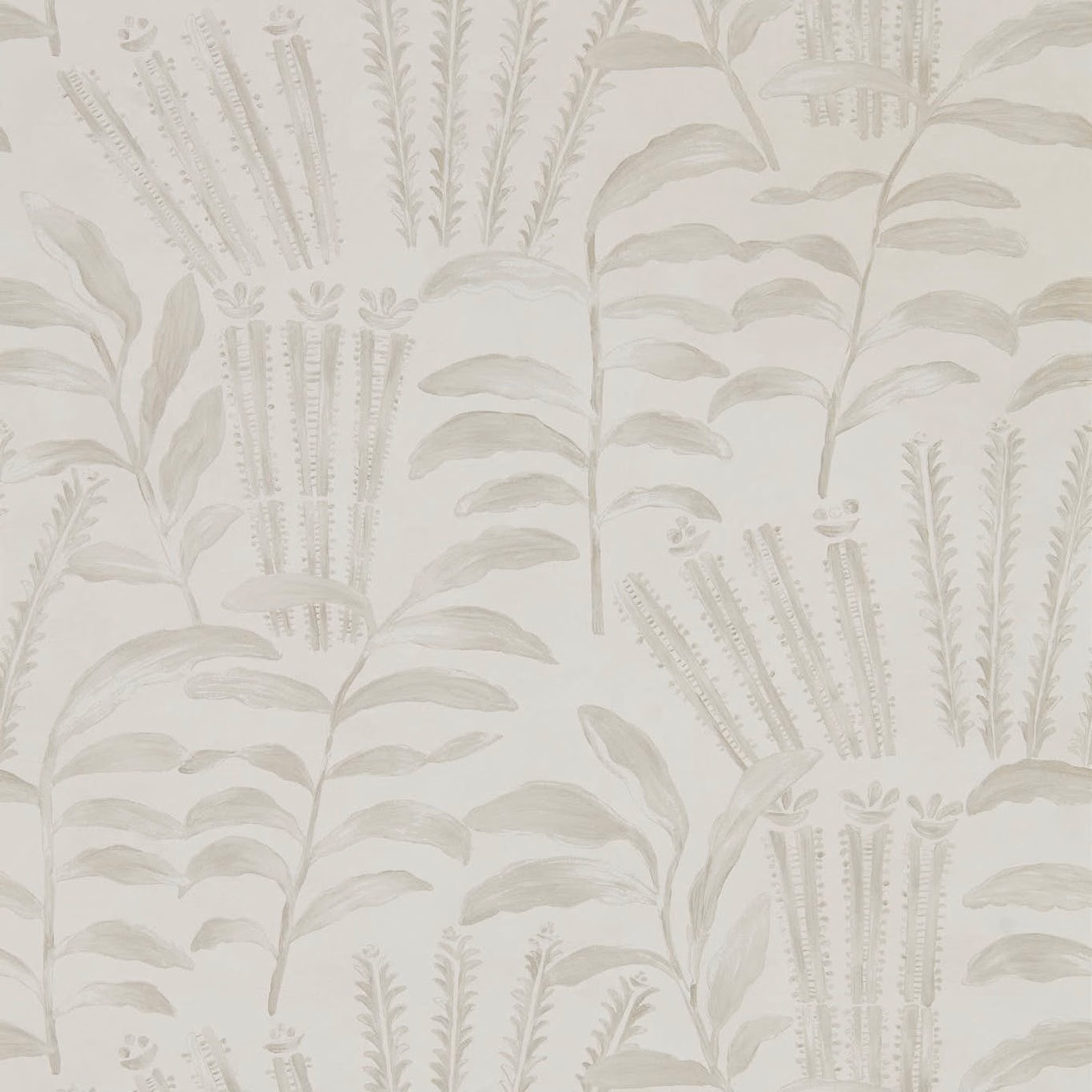 Snow-white botanical wallpaper with pale sage fronds, leafy stems and brush-like seed heads