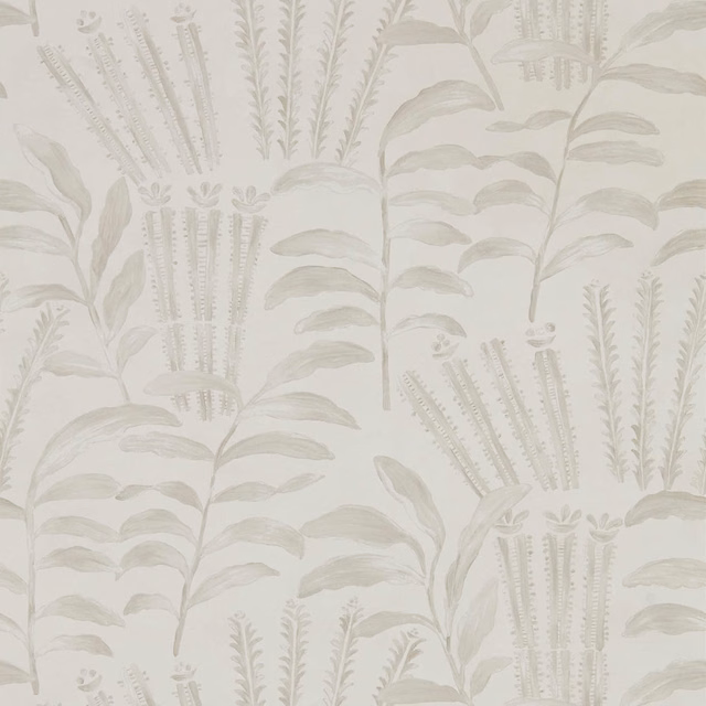 Snow-white botanical wallpaper with pale sage fronds, leafy stems and brush-like seed heads