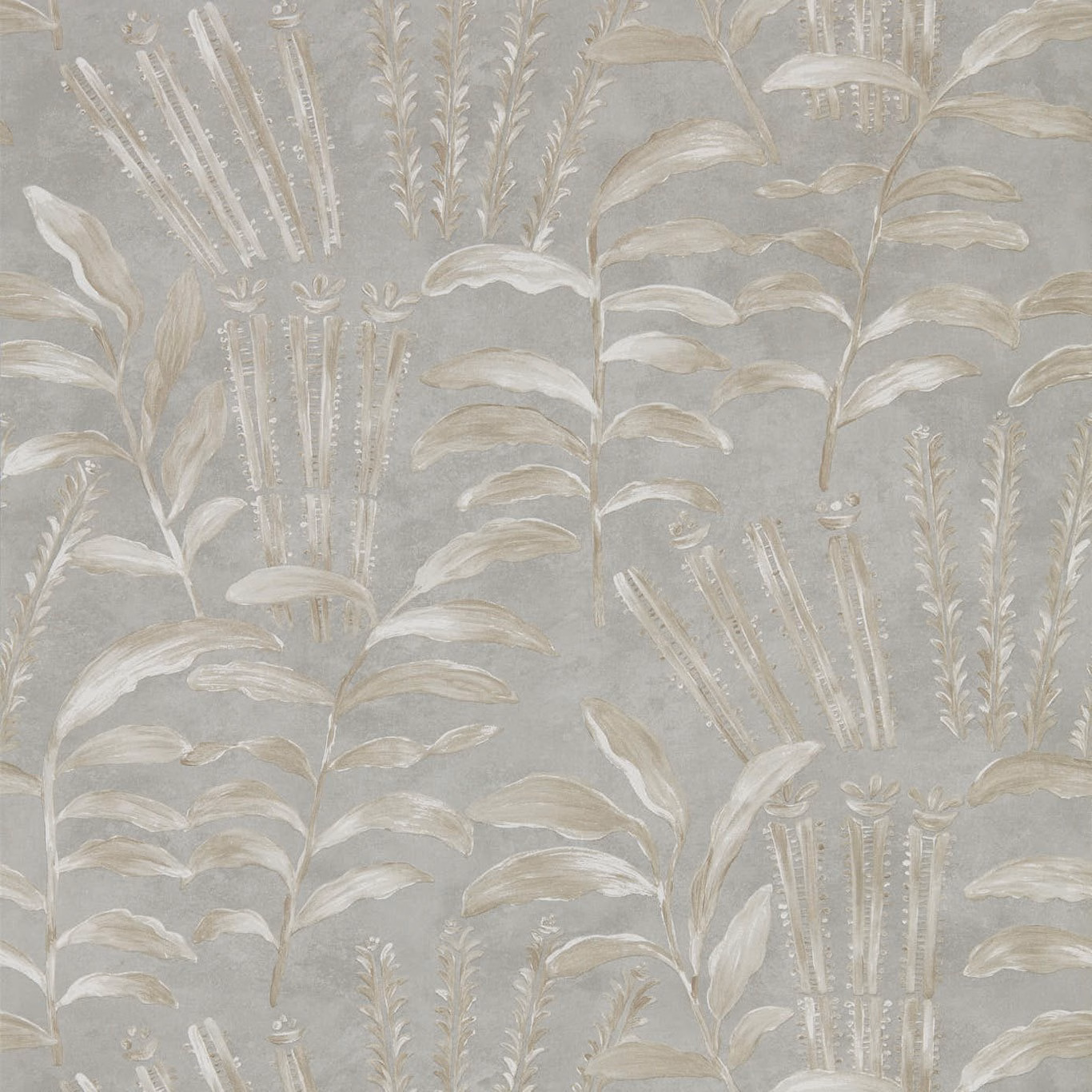 Cool zinc-grey wallpaper with pale feathery leaves, reeds and softly brushed botanical detail