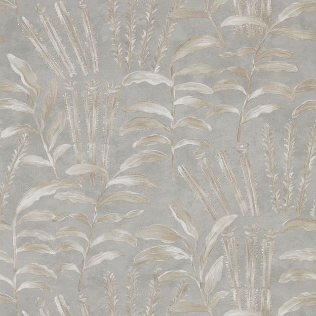 Cool zinc-grey wallpaper with pale feathery leaves, reeds and softly brushed botanical detail