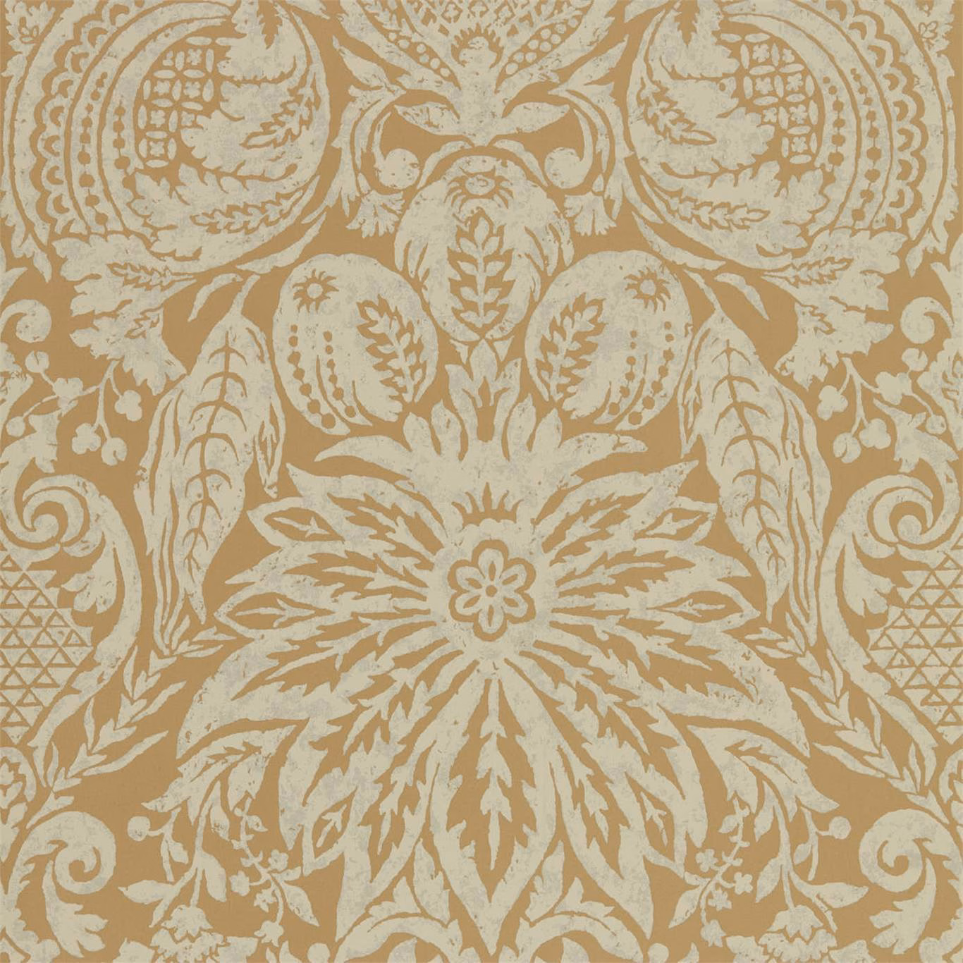 Antique gold damask wallpaper with pale cream acanthus scrolls and central rosette