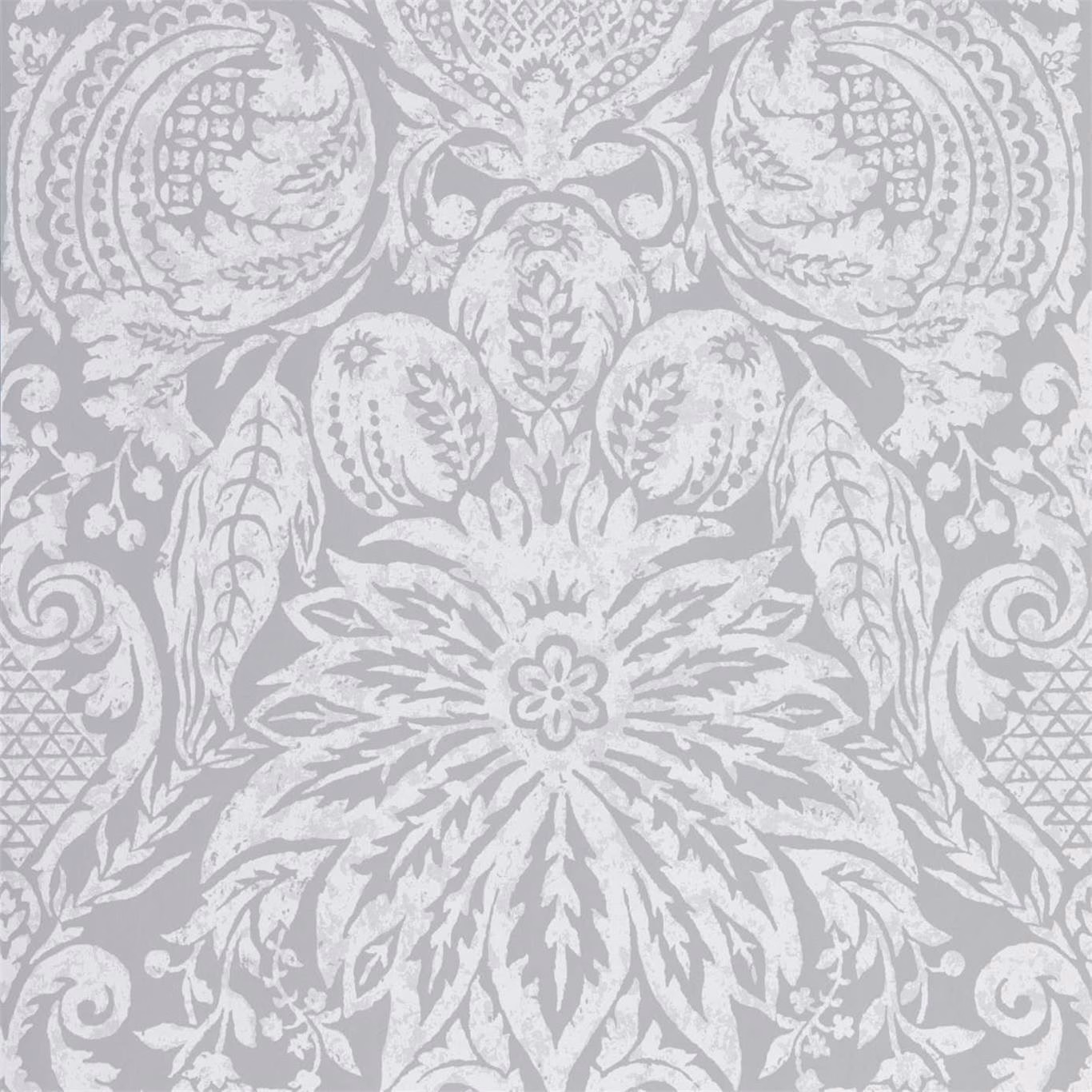 Cool dove-grey wallpaper with pale symmetrical damask leaves, scrolls and central rosette