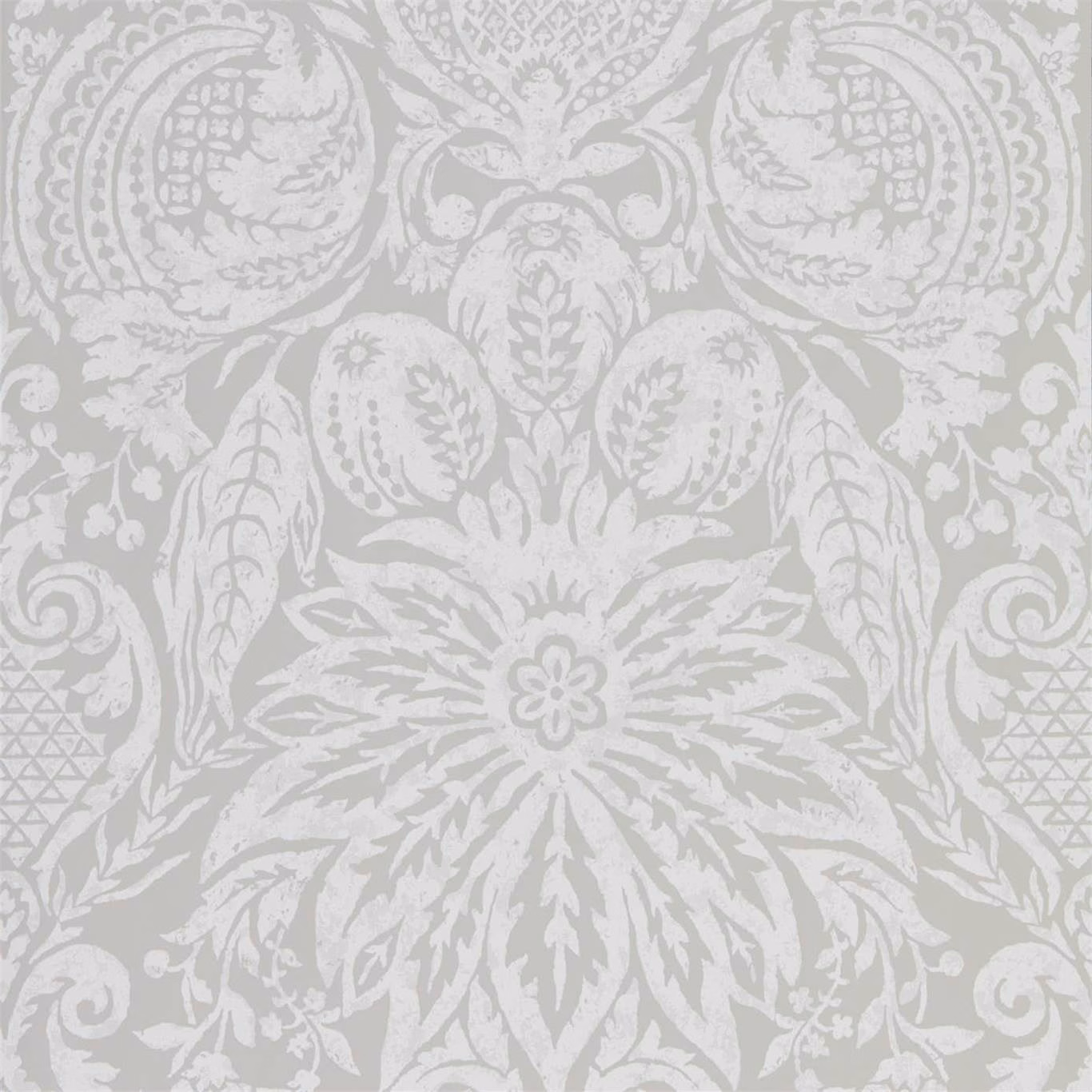 Pale platinum grey wallpaper with ornate white damask leaves, rosettes and scrolling foliage