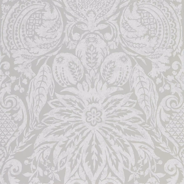 Pale platinum grey wallpaper with ornate white damask leaves, rosettes and scrolling foliage