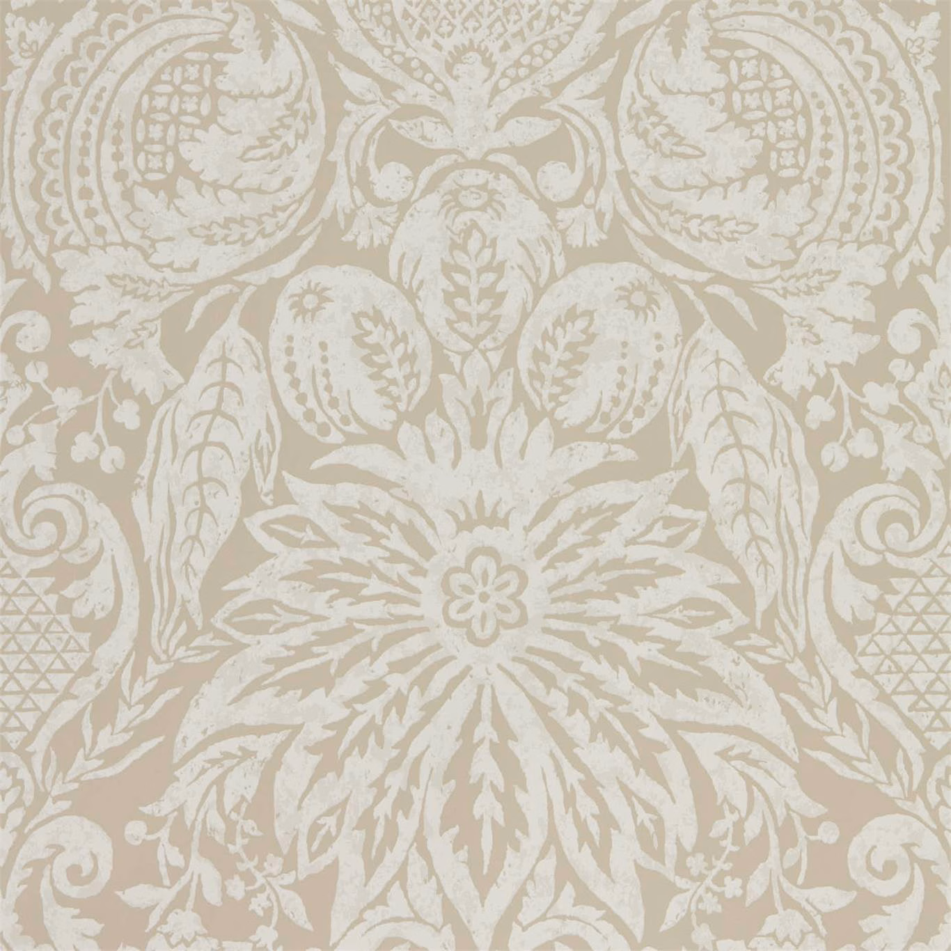 Warm stone taupe wallpaper with ivory scrolling damask, central flower and leafy vertical symmetry