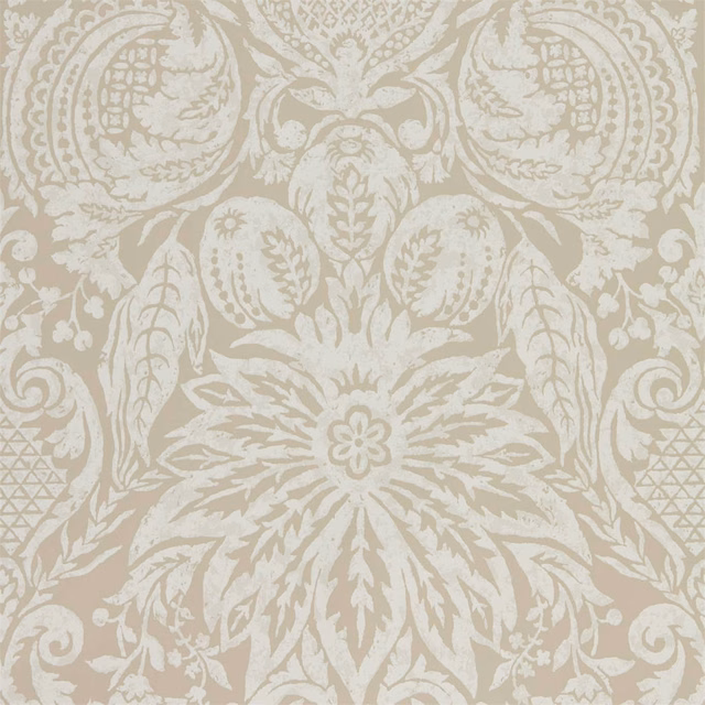 Warm stone taupe wallpaper with ivory scrolling damask, central flower and leafy vertical symmetry