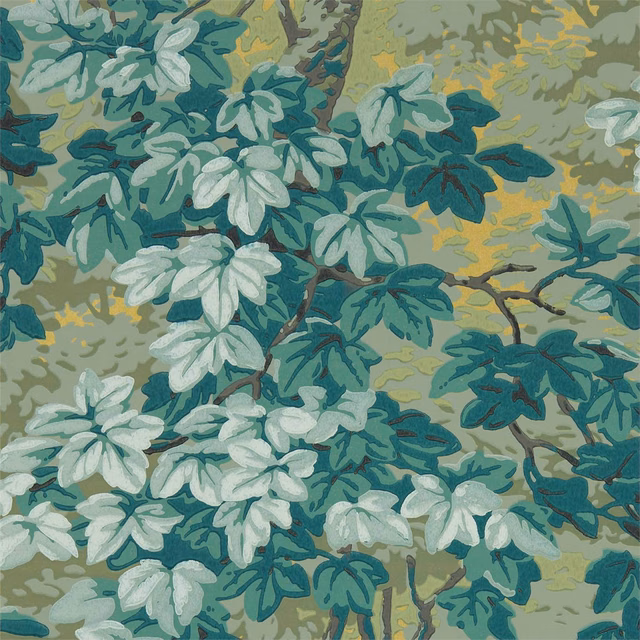 Evergreen botanical wallpaper with pale leaves, teal foliage, and ochre branches