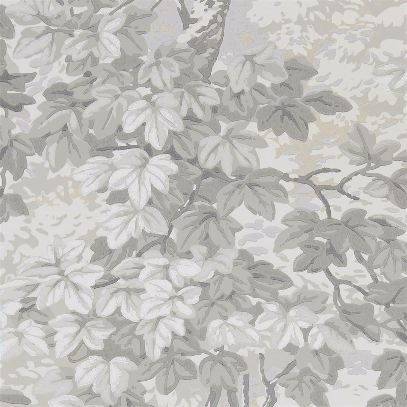 Cool grey sage wallpaper with layered ivory leaves, branches and botanical foliage
