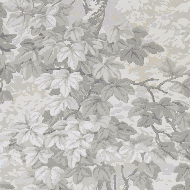 Cool grey sage wallpaper with layered ivory leaves, branches and botanical foliage