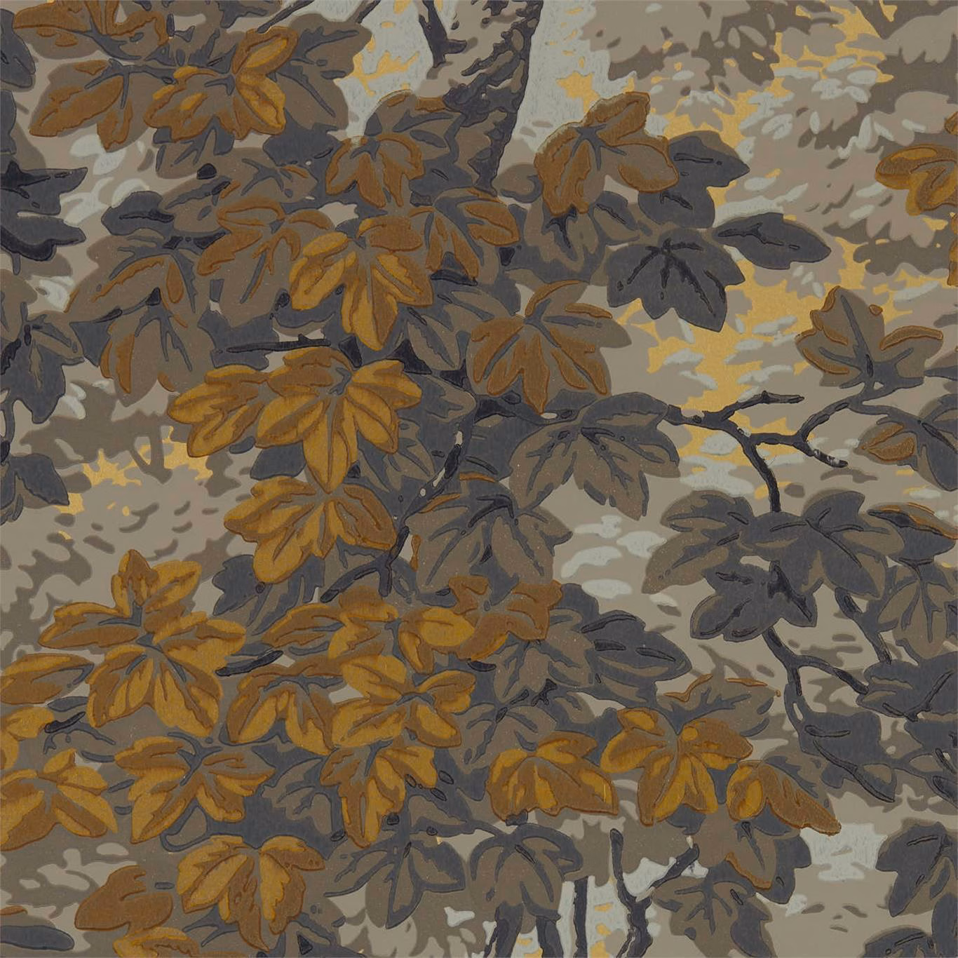 Charcoal, ochre and taupe leafy branches on a muted grey ground