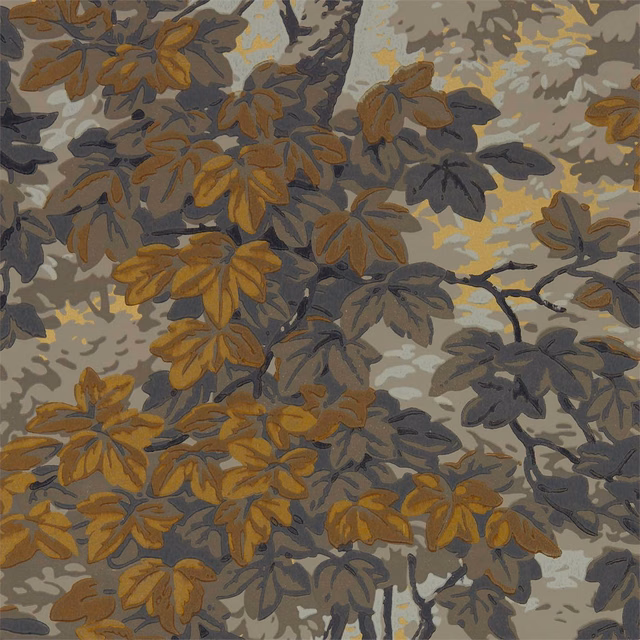 Charcoal, ochre and taupe leafy branches on a muted grey ground