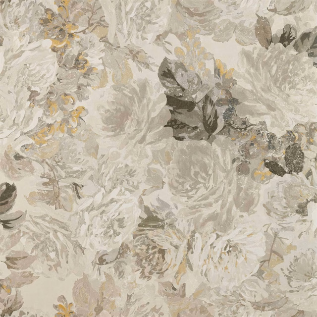 Warm ivory wallpaper with painterly blush, sage, taupe and gold floral blooms