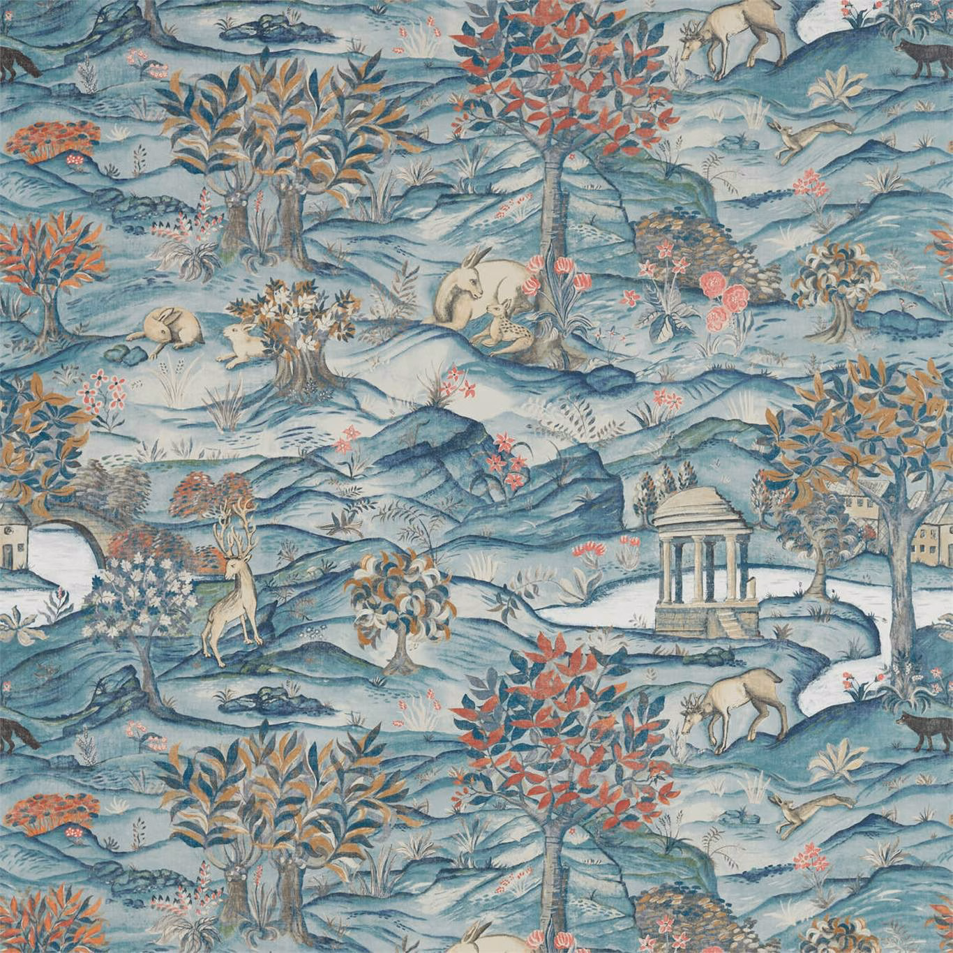 Cool teal landscape wallpaper with blue hills, coral foliage, animals and a classical pavilion