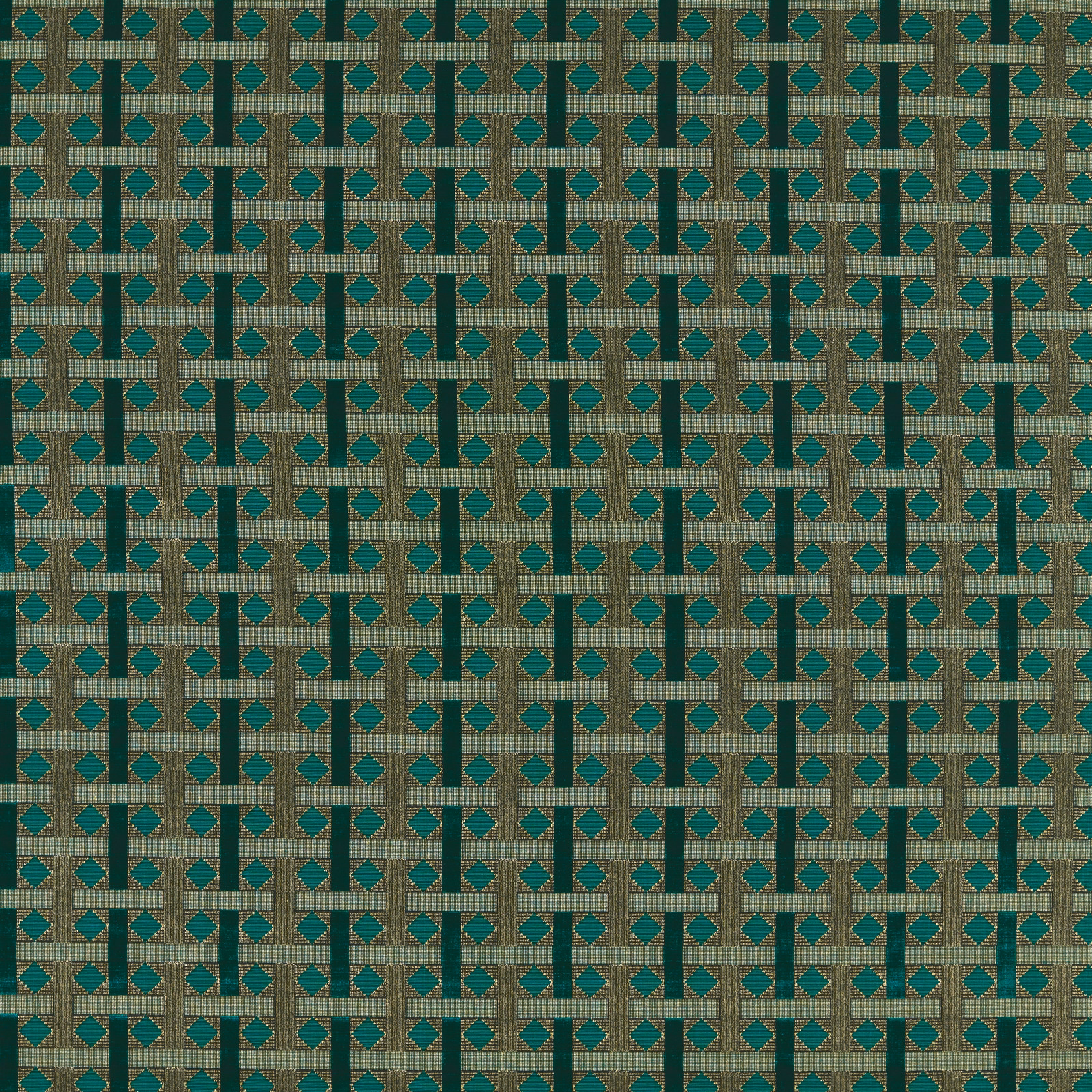 Olive-taupe velvet with deep teal bars and turquoise diamond checks