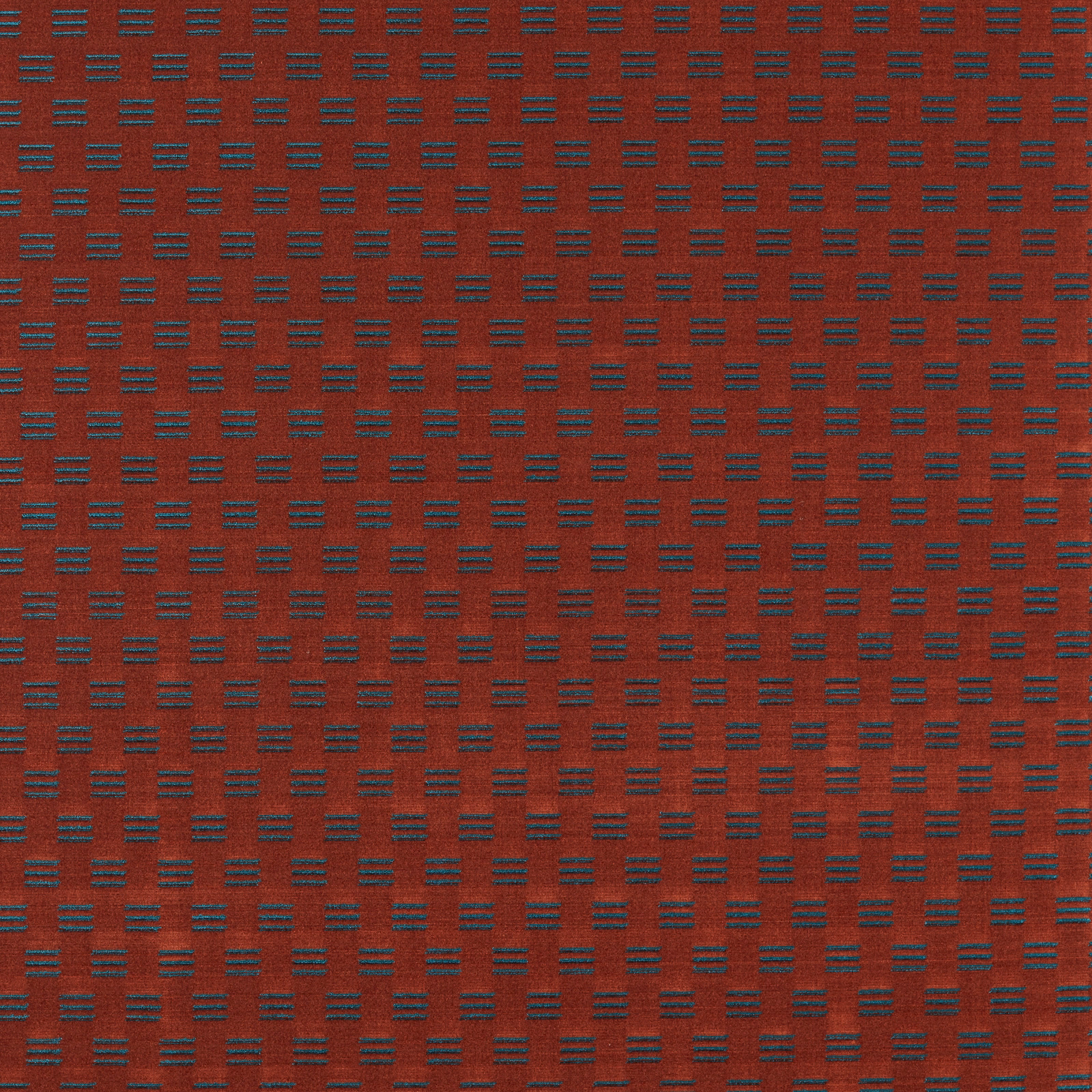 Deep cochineal red velvet with rows of small blue-teal horizontal dash motifs