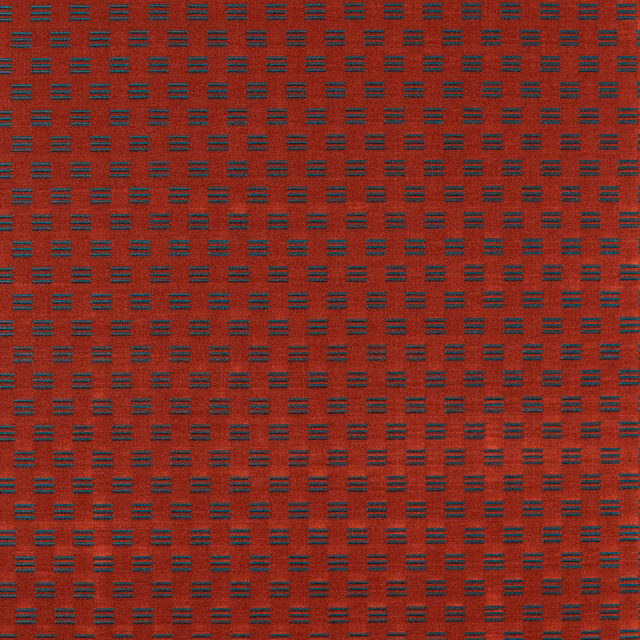 Deep cochineal red velvet with rows of small blue-teal horizontal dash motifs