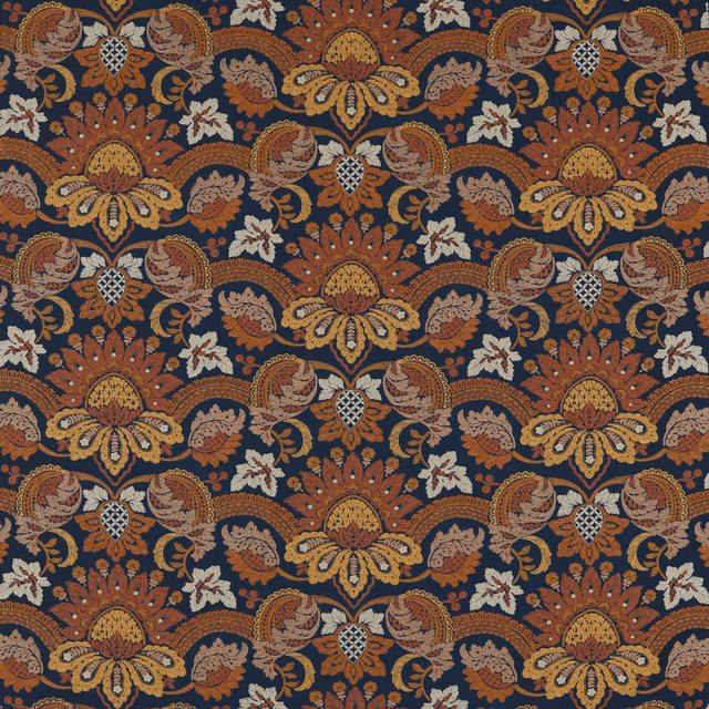 Indigo velvet with terracotta paisley florals, ochre medallions and cream accents
