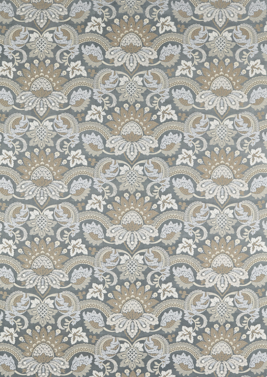 Muted Wedgwood blue velvet with silver floral and paisley motifs
