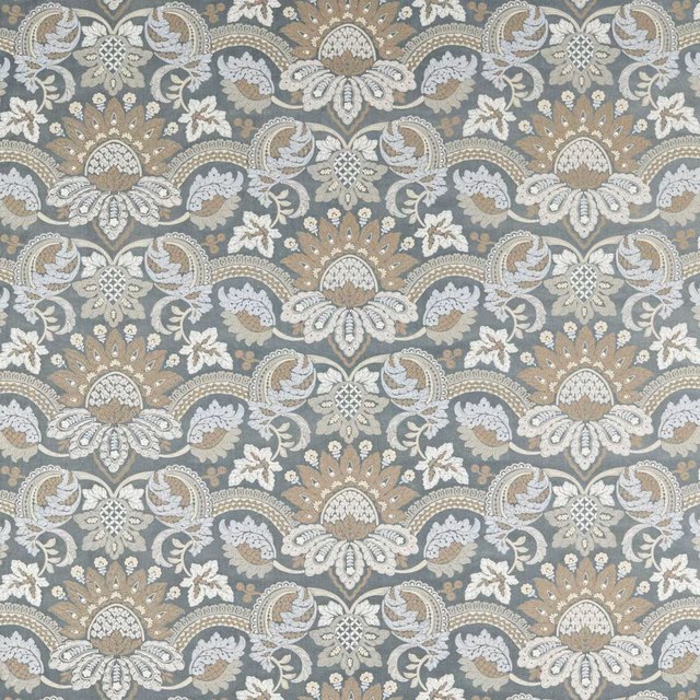 Muted Wedgwood blue velvet with silver floral and paisley motifs