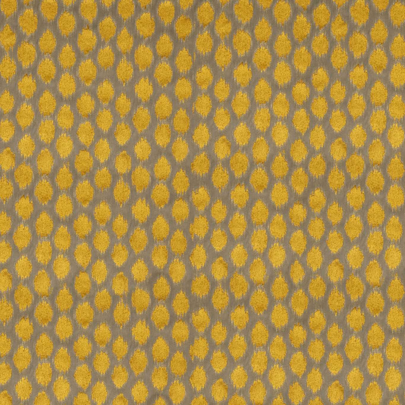 Ochre-gold ikat spots shimmer across a softly mottled taupe velvet ground