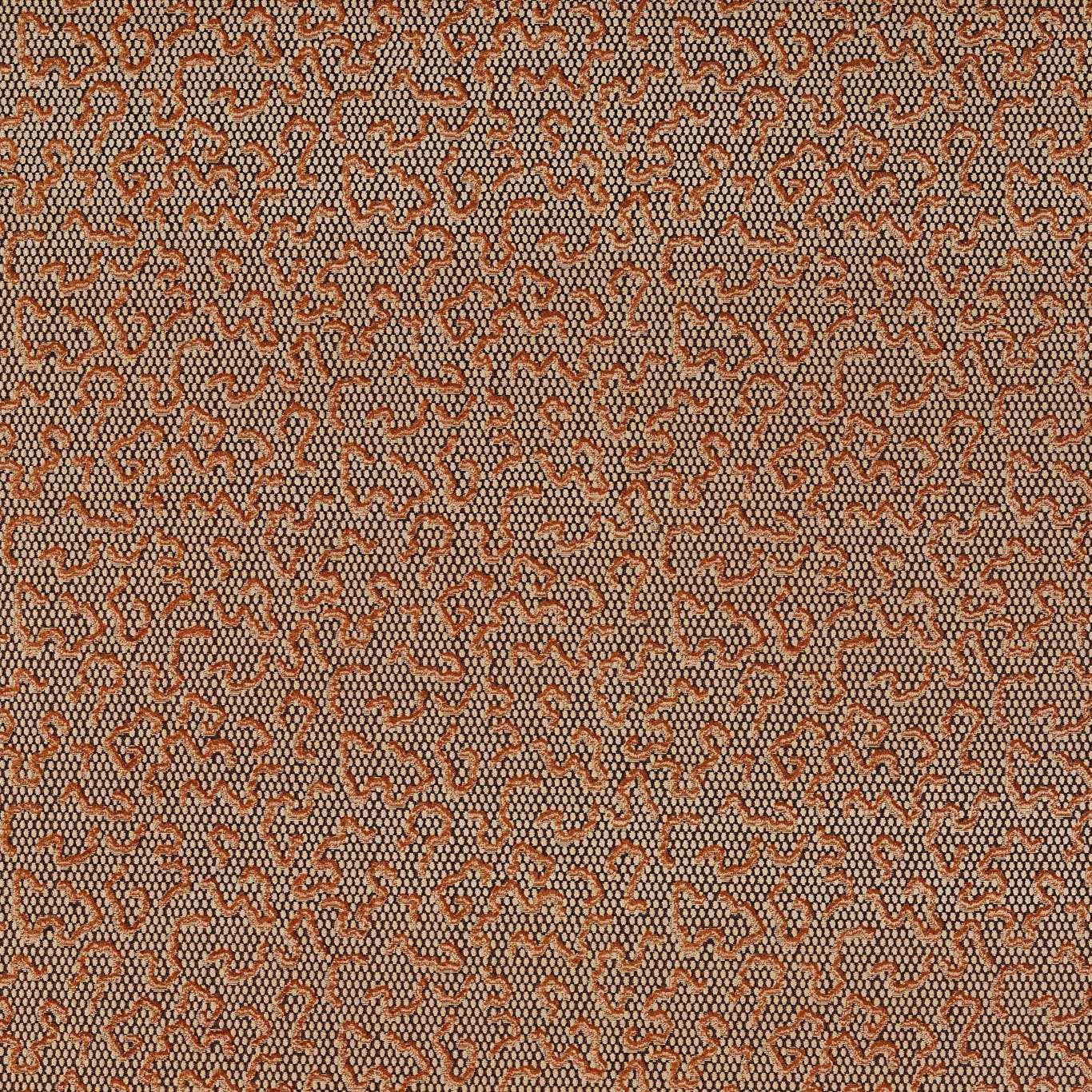 Warm amber velvet with dense dark brown meandering motifs and a softly textured surface