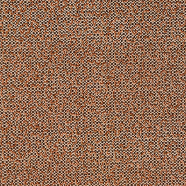 Warm amber velvet with dense dark brown meandering motifs and a softly textured surface