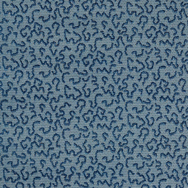 Blue-grey velvet with dark navy meandering motifs and a finely textured ground