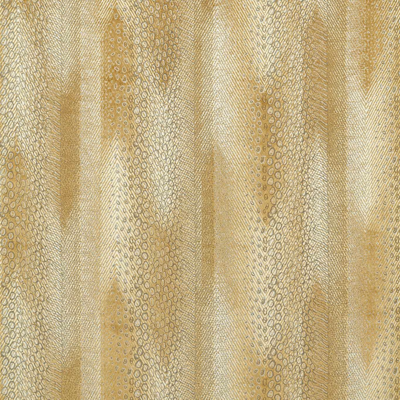 Warm antique-gold velvet with vertical chevrons, looped motifs and softly lustrous plain bands
