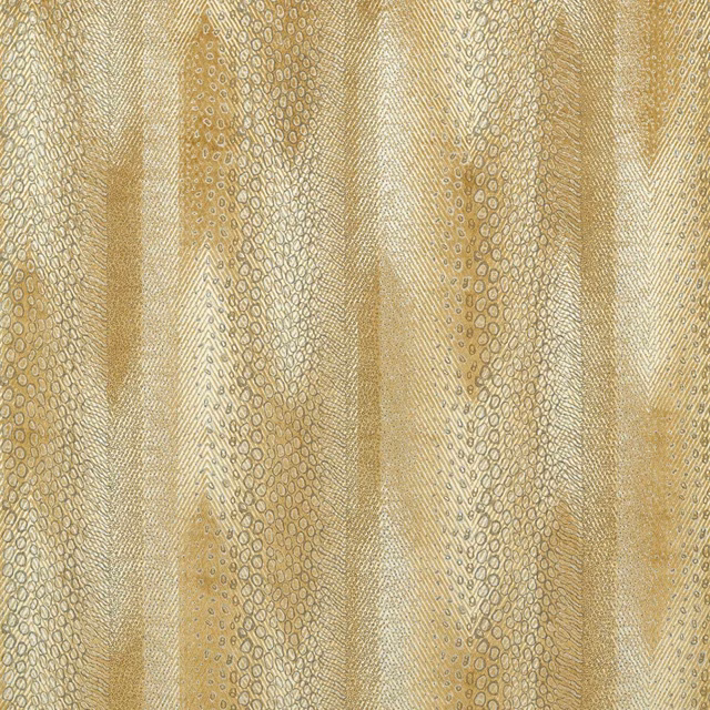Warm antique-gold velvet with vertical chevrons, looped motifs and softly lustrous plain bands