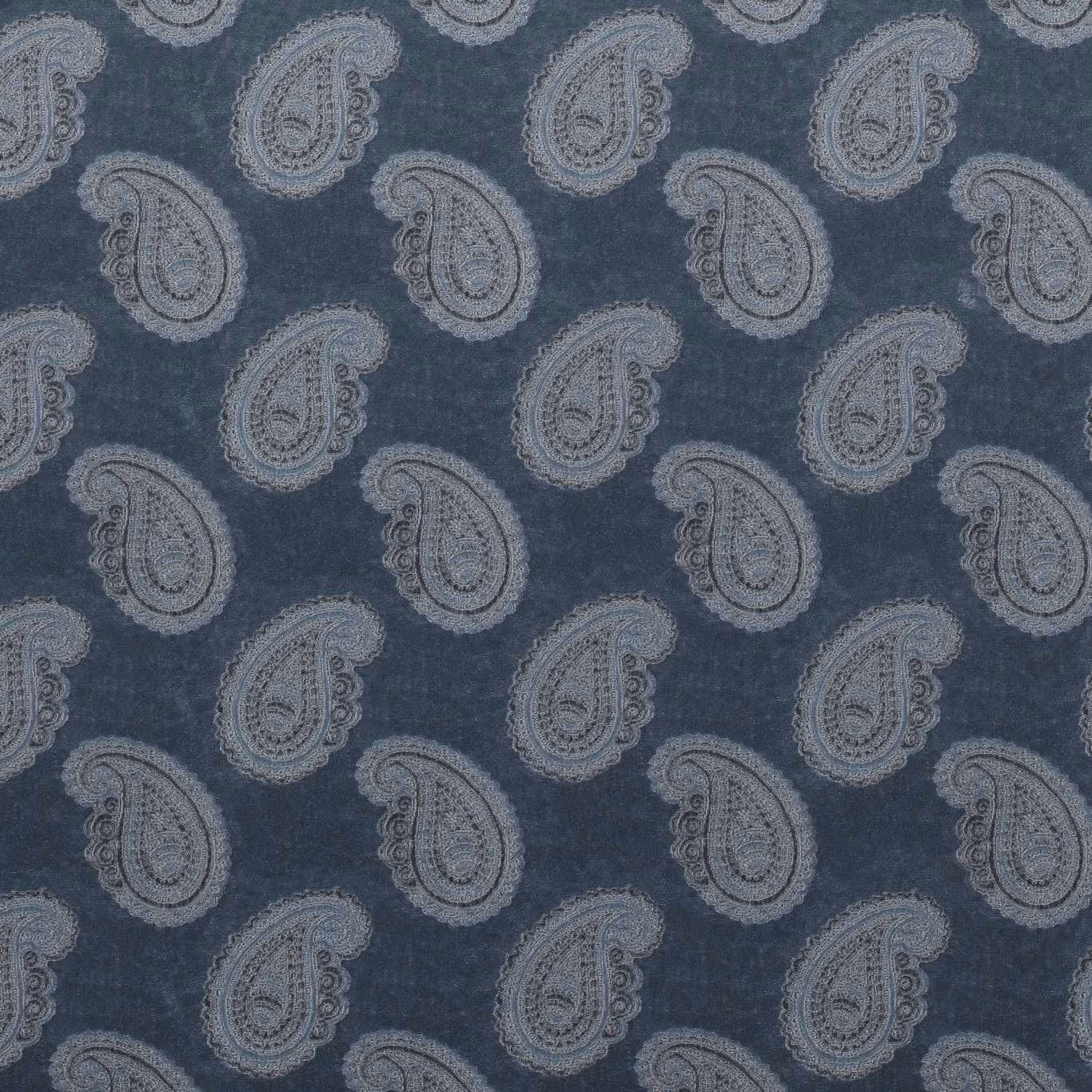 Deep slate-blue velvet with repeating grey paisleys and a softly raised pile