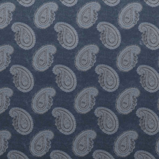 Deep slate-blue velvet with repeating grey paisleys and a softly raised pile