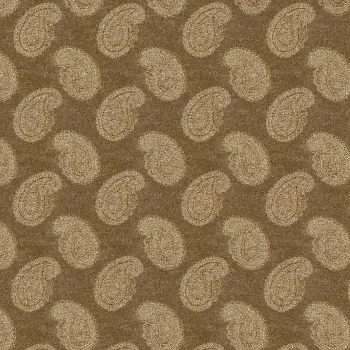 Warm old-gold velvet with repeating softly textured brown paisley motifs