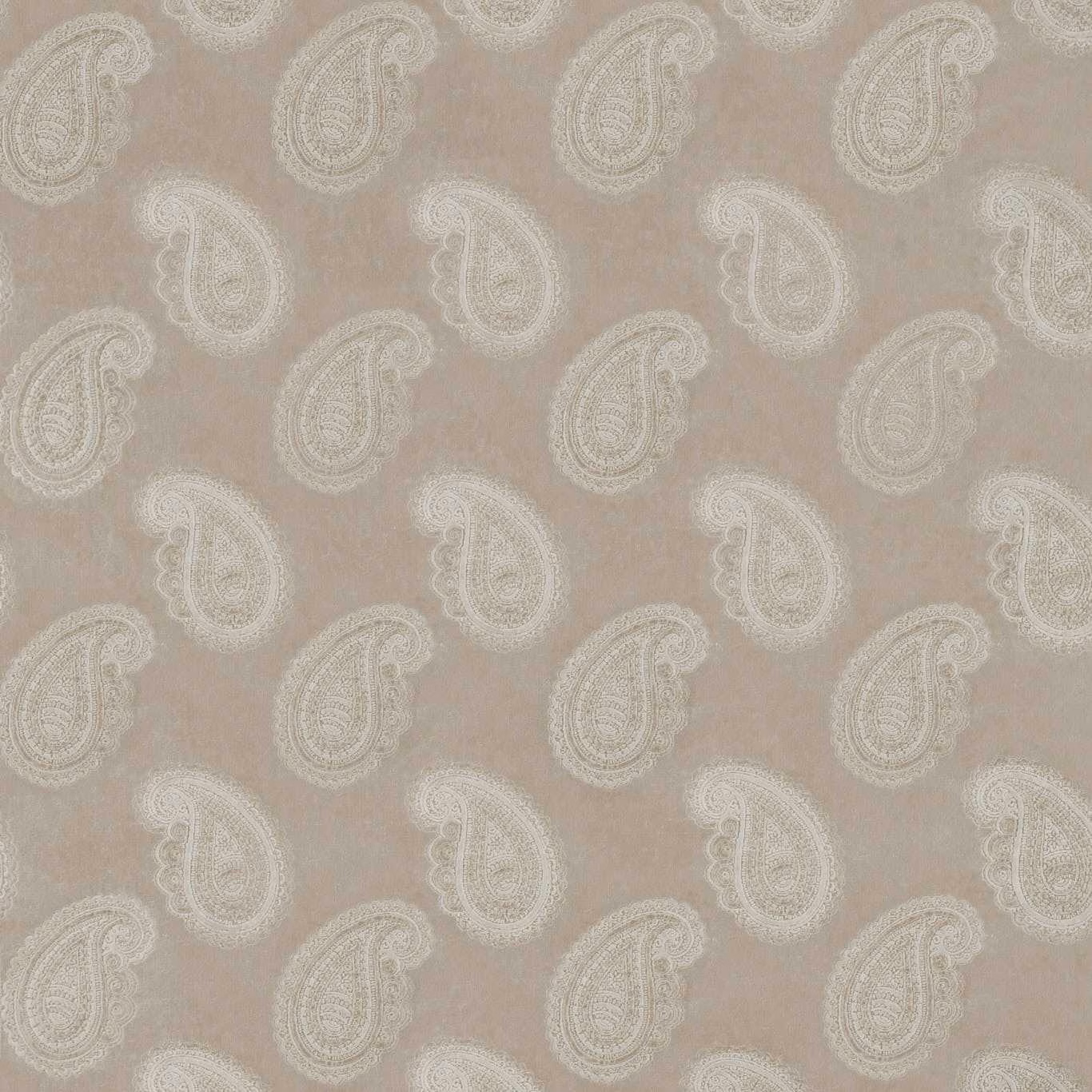 Pale taupe velvet with softly raised ivory paisley motifs and fine internal tracery