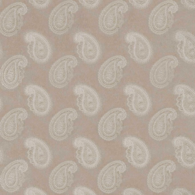 Pale taupe velvet with softly raised ivory paisley motifs and fine internal tracery