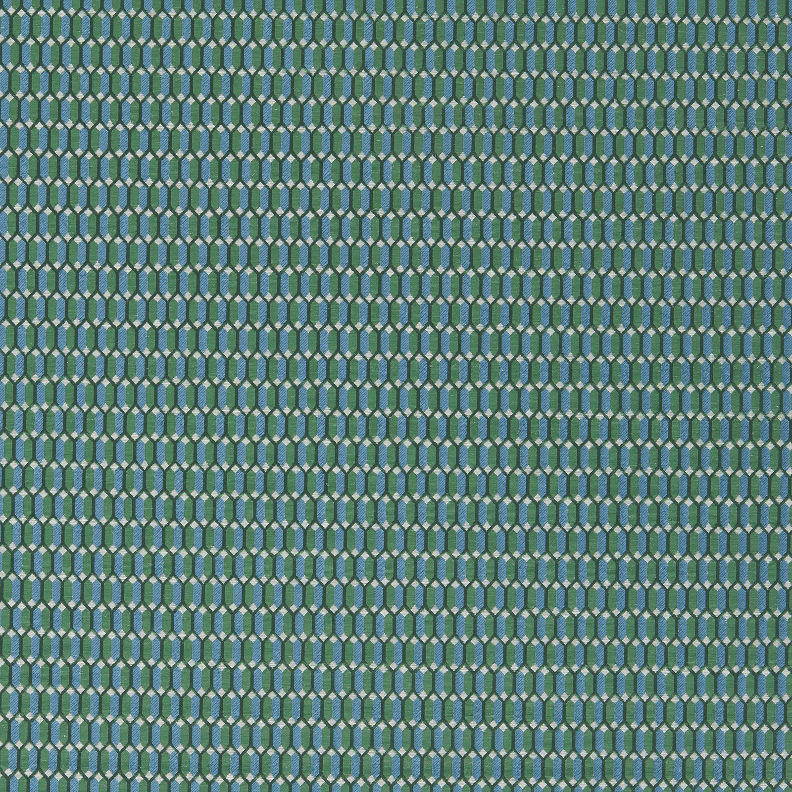 Close view of deep blue-green woven trellis with pale sage lattice accents