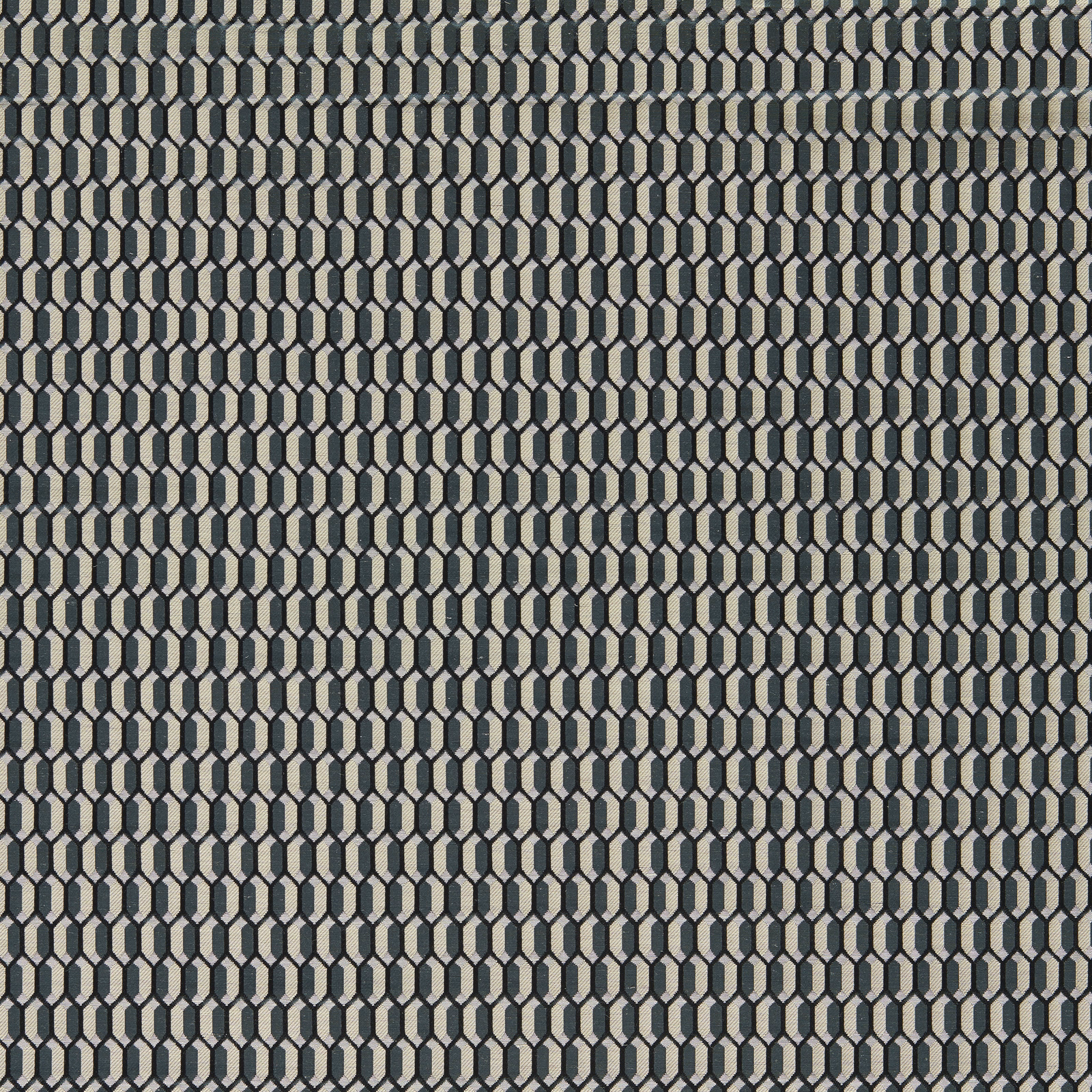 Close-up of ink blue-grey trellis loops in a dense, finely textured weave