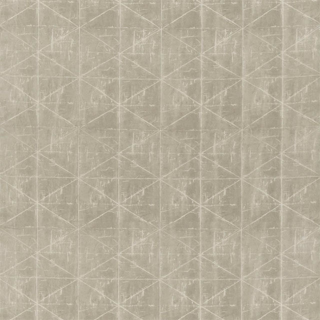 Cool stone taupe upholstery fabric with distressed intersecting diamond lines and textured vertical striations