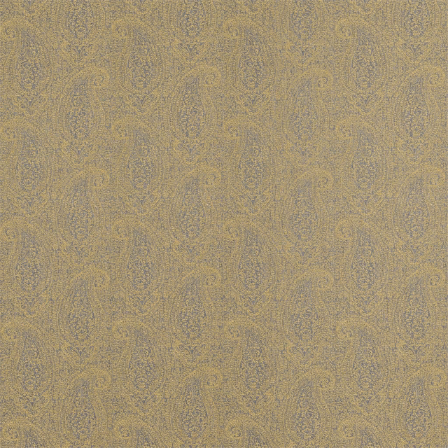 Muted ochre woven paisley with grey-olive scrolling detail