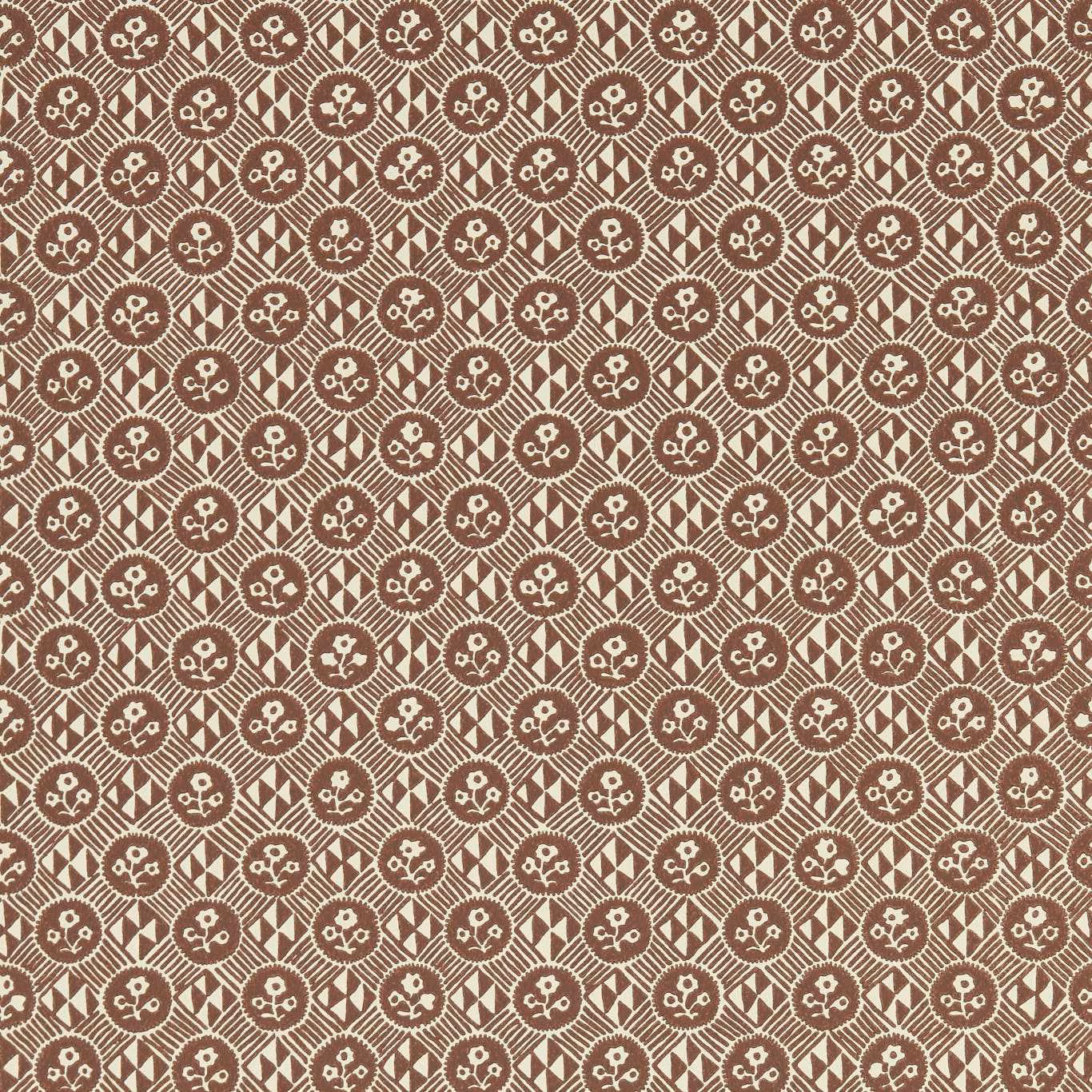 Deep bordeaux wallpaper with warm ivory floral medallions in a tight diamond lattice