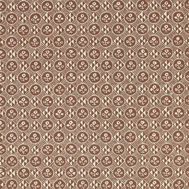 Deep bordeaux wallpaper with warm ivory floral medallions in a tight diamond lattice